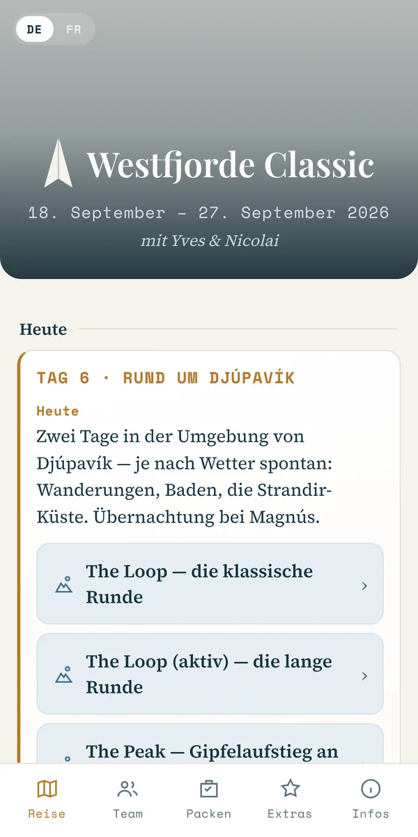 Reise-App von Nord-Adventure: Tagesansicht Tag 6 in Djúpavík